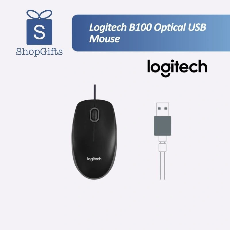 Logitech B100 corded USB mouse being used on a gray felt desk mat next to a laptop, a reliable tech essential for corporate gifting._customised corporate gift singapore
