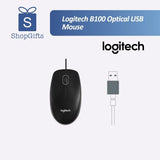 Logitech B100 corded USB mouse being used on a gray felt desk mat next to a laptop, a reliable tech essential for corporate gifting._customised corporate gift singapore
