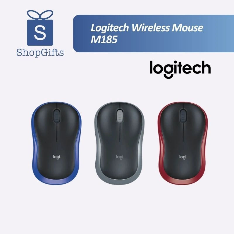 A user operating a black and gray Logitech M185 wireless mouse on a wooden desk next to a laptop with a plugged-in USB nano receiver_customised Corporate gift Singapore