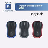 A user operating a black and gray Logitech M185 wireless mouse on a wooden desk next to a laptop with a plugged-in USB nano receiver_customised Corporate gift Singapore