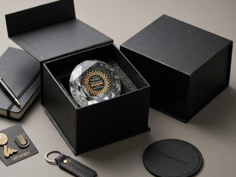 A faceted crystal award or medallion with a gold University of London keyhole emblem, presented in an open black gift box alongside a black leather keychain, a black card with gold earrings, and a black circular patch on a neutral gray background.