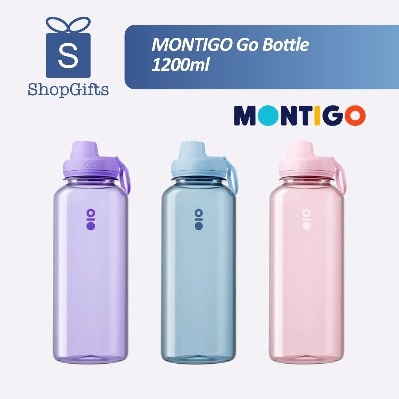 Montigo Go Bottle 1200ml featuring a transparent Tritan body, black Ace Spout Cap, and a sleek, lightweight design for sports and travel. corporate gift singapore