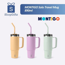 Montigo Solo Travel Mug 890ml in Powder Peach with a large ergonomic handle, dual-function straw lid, and a matte powder-coated finish_corporate gifts