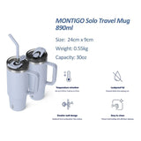 Montigo Solo Travel Mug 890ml in Powder Peach with a large ergonomic handle, dual-function straw lid, and a matte powder-coated finish_corporate gifts