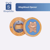 Wooden bottle opener with bear design on a blue background, branded as ShopGifts.