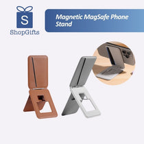 Magnetic MagSafe Phone Stand in black with textured finish, folding support and card slot on a white background