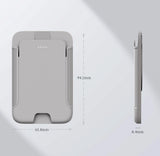 Gray phone case with dimensions on a light gray background