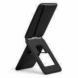 Magnetic MagSafe Phone Stand in black with textured finish, folding support and card slot on a white background
