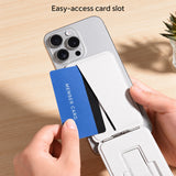 Magnetic MagSafe Phone Stand in black with textured finish, folding support and card slot on a white background