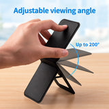 Magnetic MagSafe Phone Stand in black with textured finish, folding support and card slot on a white background