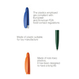 Three plastic components with text about their compliance and safety.