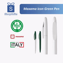 Maxama Icon Green Pen with branding and certification logos on a white background