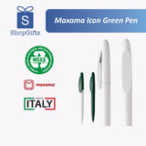 Maxama Icon Green Pen with branding and certification logos on a white background