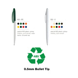 Two pens with color swatches and recycling symbol on a white background