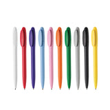 Row of colorful pens on a white background