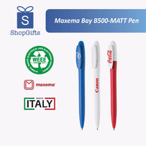 Three pens in blue, white, and red with branding on a white background