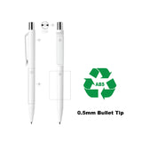 White pen with recycling symbol and '0.5mm Bullet Tip' text on a white background