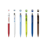 Set of branded pens with various colors and designs on a white background