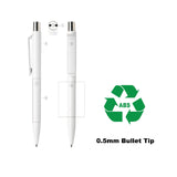 White pen with recycling symbol and '0.5mm Bullet Tip' text on a white background