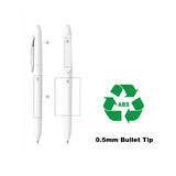White pen with recycling symbol and '0.5mm Bullet Tip' text on a white background