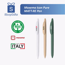 Maxema Icon Pure MATT-RE Pen with branding and certification logos on a white background