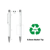White pen with silver accents and recycling symbol on a white background