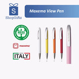Maxema View Pen with various colors on a white background, featuring ShopGifts logo and recycling certification.