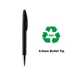Black pen with a green recycling symbol and text on a white background