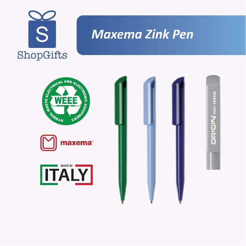 Maxema Zink Pen with branding and certification logos on a white background