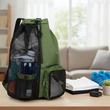 Olive green mesh drawstring sports backpack with water bottle pocket and ventilated compartments for gym and swimming_ corporate gift