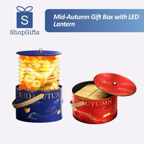 Celestial Lantern Mid-Autumn Mooncake Gift Box in deep blue and red with gold foil rabbit details and LED glow_Customised Gift Packaging Singapore
