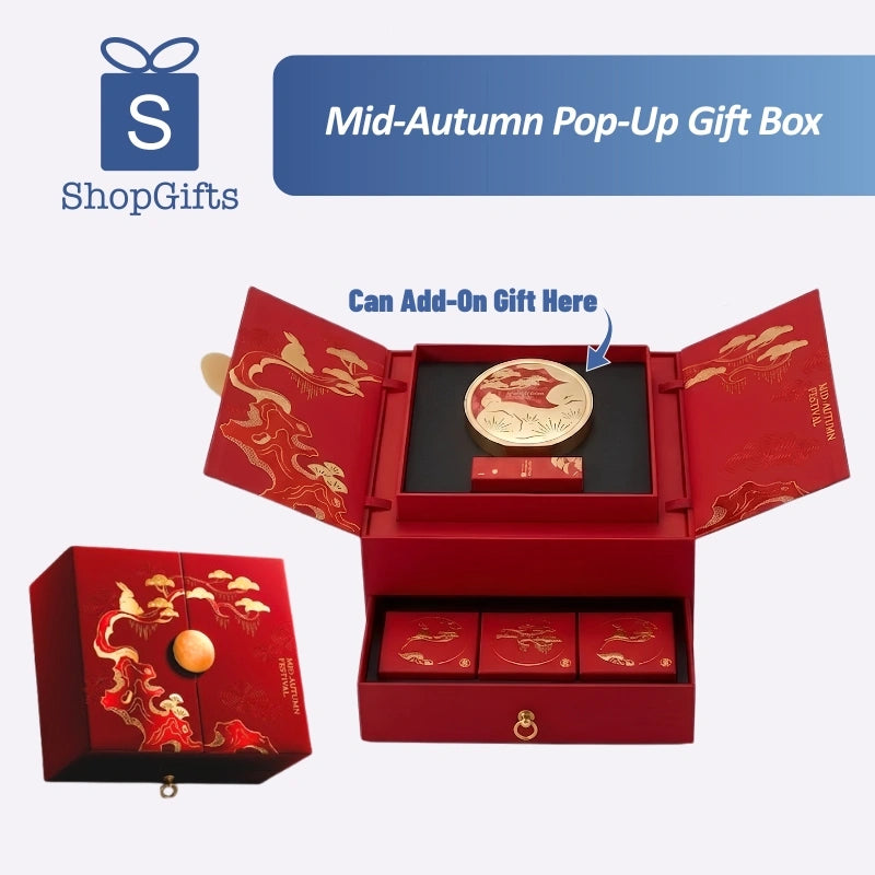 Luxury red and gold pop-up Mid-Autumn gift box with tiered drawer and celestial rabbit motifs_Customised Gift Box Singapore