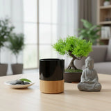 Minimalist black and white ceramic mugs with natural bamboo bases_ corporate gift