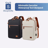 Cream /Black and brown Minimalist Executive Waterproof Tech Backpack with USB port and multiple storage compartments. Gift shop