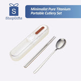 Matte silver pure titanium spoon and chopsticks set with white minimalist portable travel case_Gift Shop