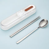 Matte silver pure titanium spoon and chopsticks set with white minimalist portable travel case_Gift Shop