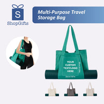 Green multi-purpose travel storage bag with customizable text/logo feature, displayed with ShopGifts branding.