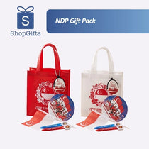 Custom Singapore NDP Celebration gift pack featuring a branded eco-friendly white tote bag, red Merlion hand fan, patriotic coin pouch, handheld flag, and custom pens for corporate gifting_Promotional Corporate Gifts