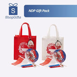 Custom Singapore NDP Celebration gift pack featuring a branded eco-friendly white tote bag, red Merlion hand fan, patriotic coin pouch, handheld flag, and custom pens for corporate gifting_Promotional Corporate Gifts