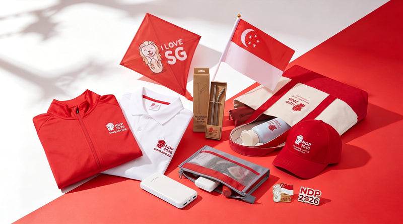 Collection of red and white merchandise with branding on a red and white background