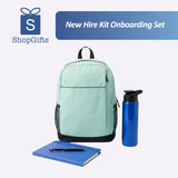 Corporate onboarding gift set featuring a mint green backpack, blue water bottle, and notebook_Gift Set Singpaore_Customised Gift Set