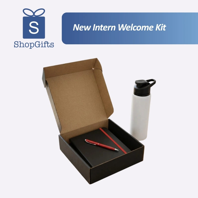 Executive Corporate Onboarding Essentials Kit featuring a black notebook, red pen, and white insulated bottle in a box_customised gifts singapore & Water Bottle Singapore