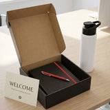 Executive Corporate Onboarding Essentials Kit featuring a black notebook, red pen, and white insulated bottle in a box_customised gifts singapore & Water Bottle Singapore