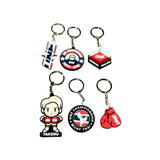 Set of six keychains with various designs on a white background