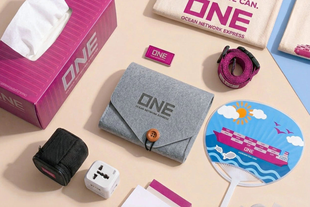 Collection of travel-related products with 'ONE' branding on a beige surface