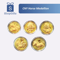 Set of five gold medallions with horse designs on a white background, featuring ShopGifts logo.