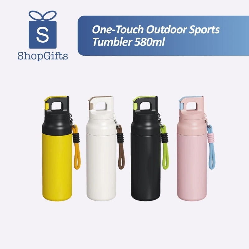 Matte finish One-Touch Ergonomic Outdoor Sports Tumbler in vibrant yellow with integrated carry loop_customised corporate gifts singapore