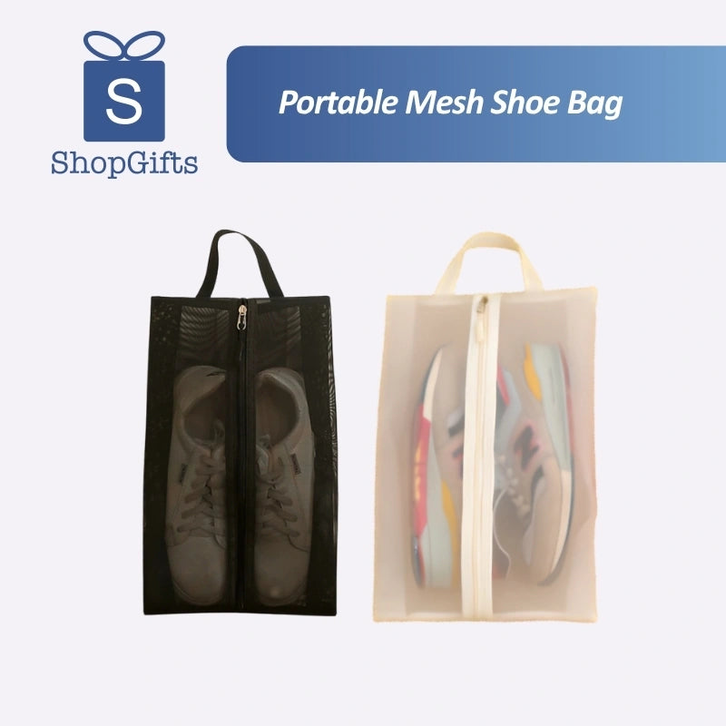 Black and white Breathable Mesh Travel Shoe Organizers with sneakers inside_customised corporate gifts singapore
