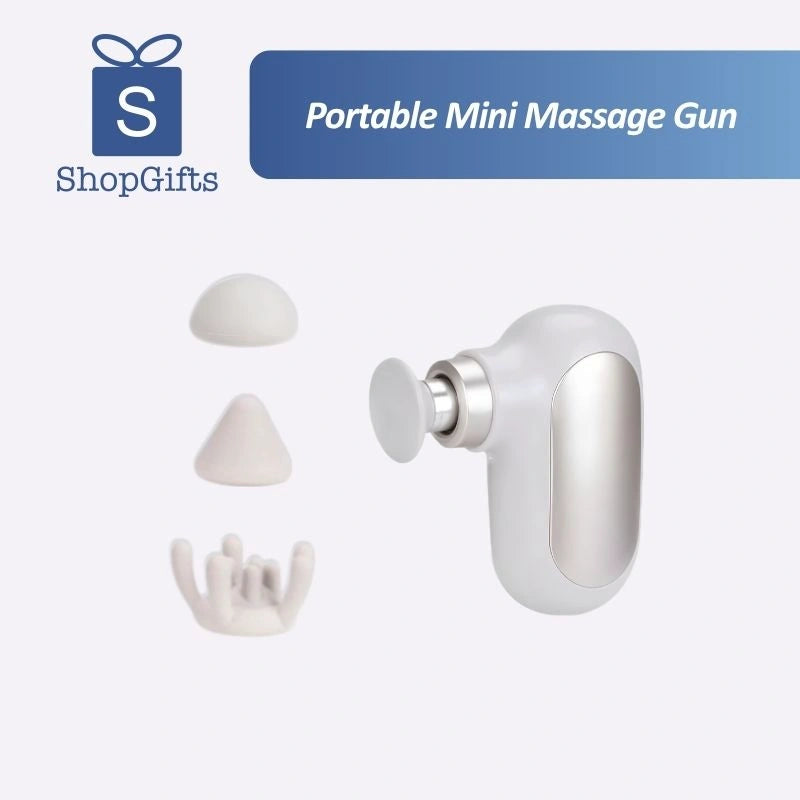 White and silver Professional Ultra-Portable Deep Tissue Mini Massager with four interchangeable massage heads._corporate gifts singapore_personalised corporate gifts