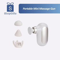 White and silver Professional Ultra-Portable Deep Tissue Mini Massager with four interchangeable massage heads._corporate gifts singapore_personalised corporate gifts